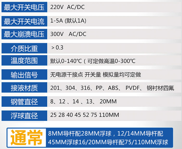 連桿浮球液位計技術(shù)參數(shù)對照表